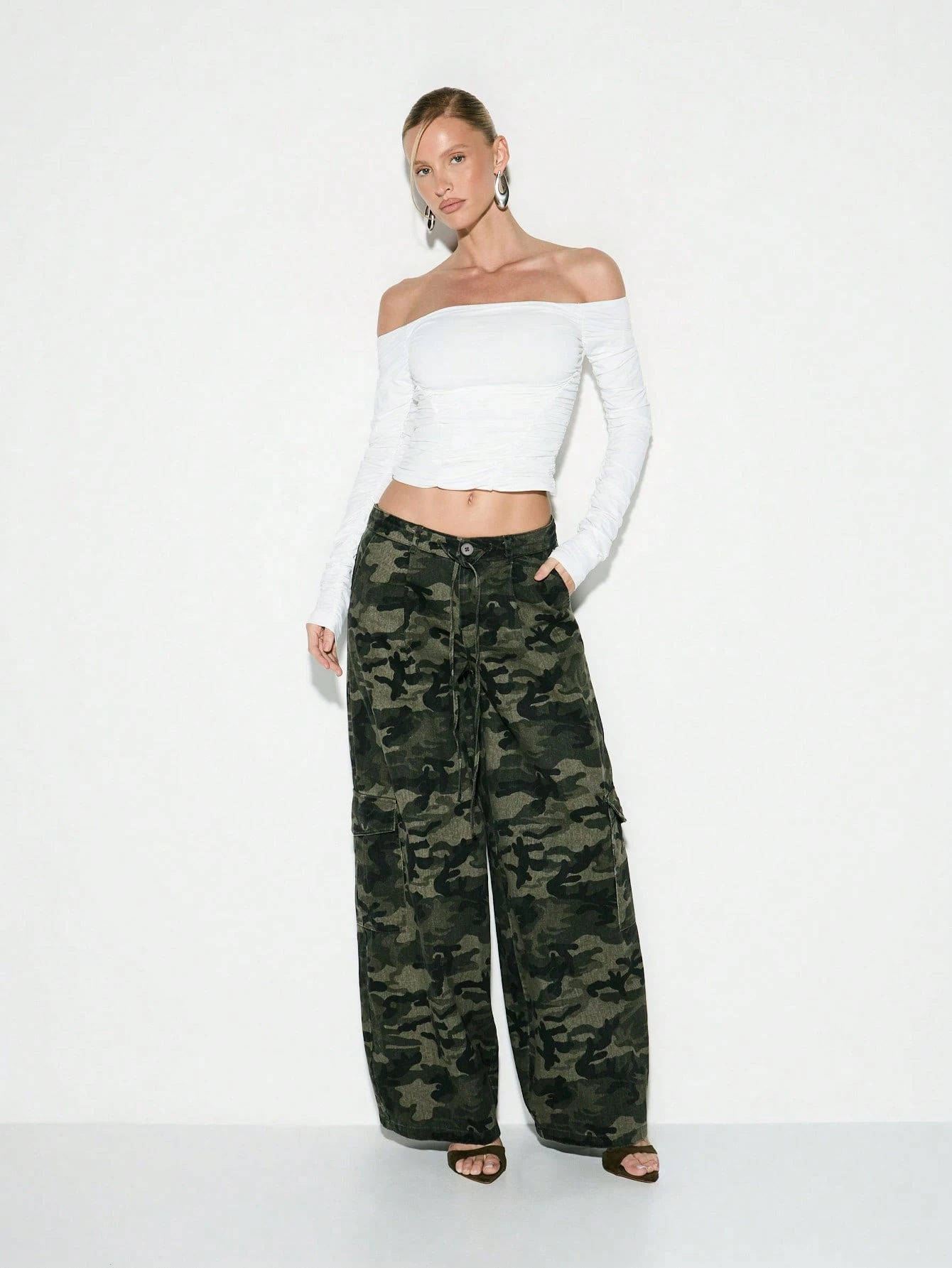 KIZN Ruched Off Shoulder Long Sleeve Top