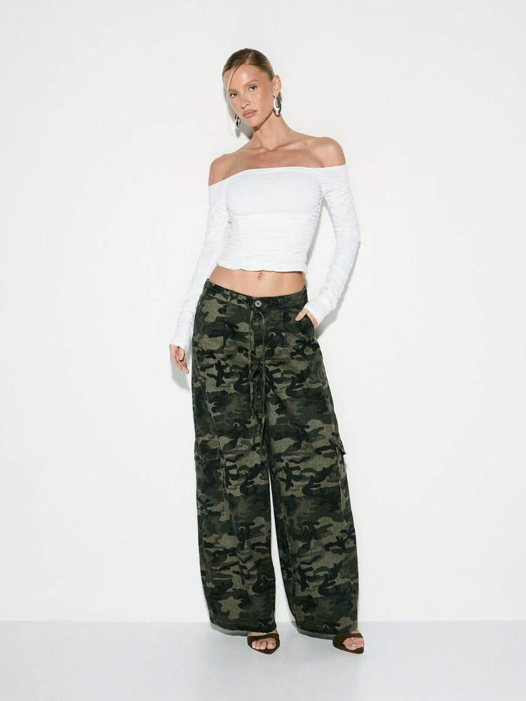 KIZN Ruched Off Shoulder Long Sleeve Top