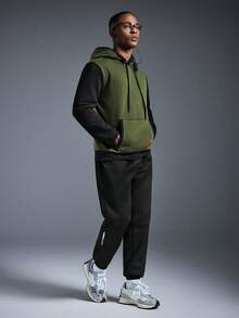 男士撞色仿皮连帽衫，秋冬春夏款 - 軍綠色 - 查看 6