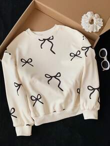 Comfortcana 2025 New Fall/Winter Fashionable Women's Bow Print Simple Daily Crew Neck Long Sleeve Sweatshirt, Long Sleeve Top In Fall/Winter For Women Christmas New Year Casual - Beige - View 6