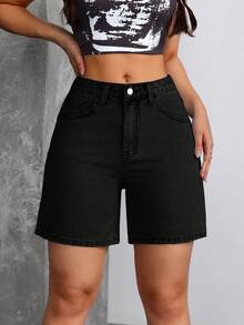 SHEIN Tall Shorts vaqueros de tiro medio casual lavados para mujer estilo Y2K - Negro - Ver 3