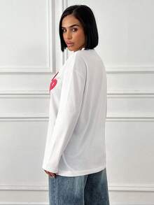EURMUSE Heart Embroidery T-Shirt, Oversized Cotton Blend Breathable Fabric, Relaxed Fit Silhouette, Long Sleeve Classic Cut, Minimalist Valentine-Inspired Graphic, Premium Quality Cotton Fabric, Perfect For Casual Daily Styling, Comfortable Loose Fit, Easy-Care Fabric Construction - White - View 3