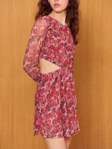 lacRébo Vestido mini de manga larga semitransparente con estampado floral rosa, con corte lateral y detalles fruncidos, estilo lindo, estilo francés, estilo parisino - Multicolor - Ver 3