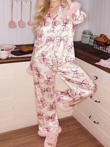 SweetSlumber Cute Bow & Feather Patchwork Satin Robe & Pants Pajama Set For Women Silk Pajamas Pajama Sets For Women Long Sleeve Women Pajamas Set Bow Pajamas - Baby Pink - View 4