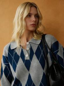 Écloséra Áo len chui đầu tay dài cổ polo kiểu Pháp, họa tiết kim cương, thiết kế cài nửa nút, màu kaki, dành cho nữ, mùa thu/đông - Nhiều màu - Xem 7