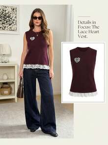 Easowa Women's Sleeveless Round Neck Sweater Vest With Lace Hem And Heart Embroidery, Burgundy Casual Pullover Top Elegant Burgundy Women Sweater Vest Featuring Delicate Lace Trim And Chic Heart Patch, Perfect For Layering Style Fashionable Sleeveless Knit Top For Women, Burgundy Sweater With White Lace Detail And Unique Heart Design - Burgundy - View 5