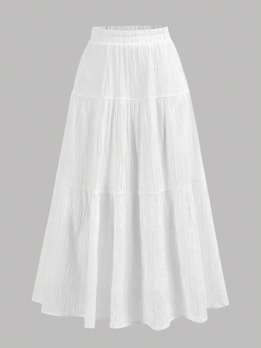 SHEIN Girlism 少女纯色弹力腰带层叠下摆A字裙，休闲荷叶边长款宽松自然白纯色连衣裙，适合春秋季节，日常休闲穿着 - 白色 - 查看 1