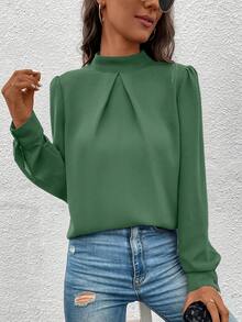 EMERY ROSE Solid Color Regular Shoulder Long Sleeve Loose Stand Collar Elegant Fashion Versatile Blouse - Green - View 5