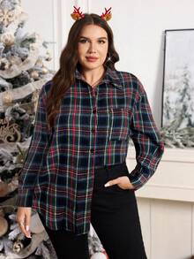 Comfylo Plus Size Plaid Print Front Button Patch Pocket Casual Long Sleeve Shirt Thanksgiving New Years Button Up Oversized Shirt Plaid Button Up Plaid Shirt Women Plus Size Button Down Shirt Women Button Up Shirt Plus Size Oversized Shirts Plus Size Plaid Shirt Oversized Plaid Shirt - Black - View 5