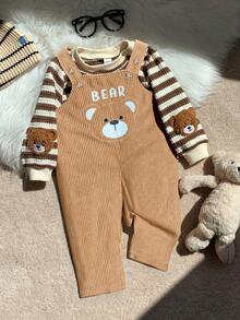 两件套婴儿男女童条纹长袖卫衣和灯芯绒小熊连体衣套装，舒适休闲可爱小熊图案基础款卫衣和连体衣，适合室内、室外、日常、运动、玩耍、派对、拍照、节日、万圣节、圣诞节、新年等秋冬季穿着。 - 彩色 - 查看 4
