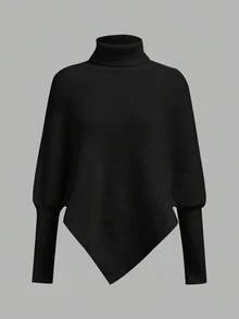 SHEIN PETITE 女士不对称蝙蝠袖下摆纯色高领毛衣，时尚百搭，适合假日和度假穿着，娇小身材也能轻松驾驭的升级版，秋冬季 - 黑色 - 查看 7