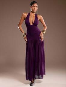 Normani Romantic Date Party Eggplant Purple Mesh Deep V Backless Tie Ruched Mesh Dress For Women - Red Violet - View 1