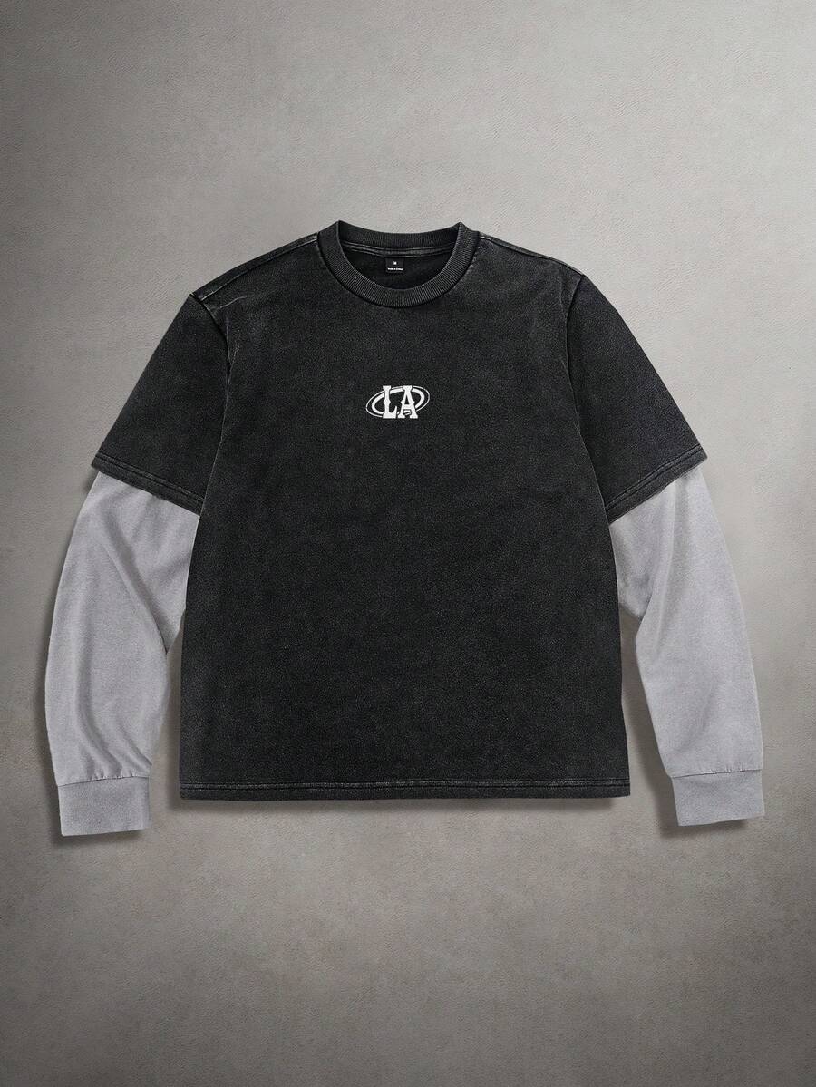 STYNVO 男士简约印花圆领长袖 T 恤 - 黑色 - 查看 1