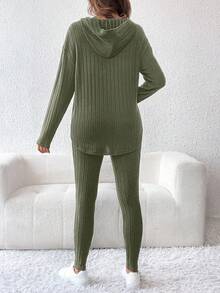 SHEIN 2pcs Maternity Casual Solid Color Hoodie And Pants Set, Autumn Fall - Army Green - View 2