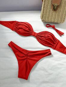 Swim Vcay 2件套纯色绳饰抹胸比基尼上衣和高衩泳裤性感泳装套装，春夏款 - 紅色 - 查看 2