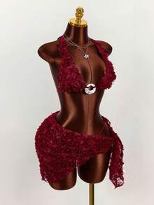 Amplova 女士3D立体花卉泳衣套装，性感优雅，适合情人节，挂脖可调节比基尼套装，时尚百搭 - 酒紅色 - 查看 13