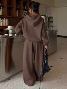 SHEIN EZwear Women's Autumn/Winter Thermal Lined Hoodie And Relaxed Fit Sweatpants Set Modest Two Piece Set Two Piece Lounge Set Brown Set Women Brown Two Piece Lounge Set Comfortable Two Piece Set - Brown - View 2