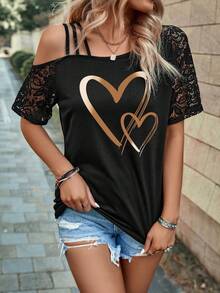 Selamara Fashionable Casual New Black Lace Sleeve Off-Shoulder Heart Print T-Shirt - Black - View 3