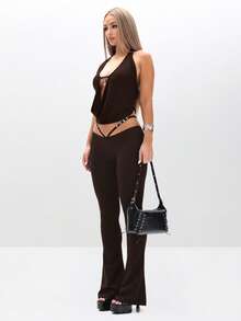 BABYPHAT Logo Cowl Neck Halter Top With Deep Plunging Neckline And Decorative Chain Details - Chocolate Brown - View 2