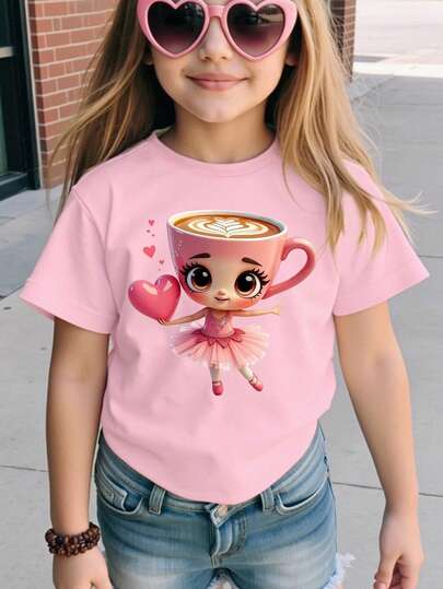SHEIN 女童休闲时尚创意卡通杯芭蕾女孩爱心图案印花基本款短袖T恤