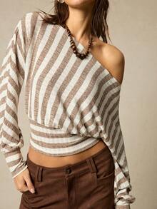 SoleilVie Women's Casual Striped Off-Shoulder Long Sleeve Knit T-Shirt - Khaki - View 3