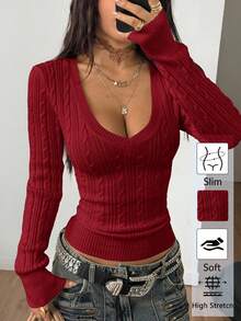 Coolane 女士冬季复古学院风 Y2K 日常穿着外出文艺复兴集市红色长袖V领针织毛衣 - 酒紅色 - 查看 2