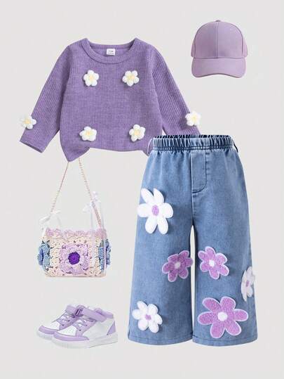 SHEIN 两件套女婴时尚优雅紫色长袖毛衣上衣，饰有花卉图案，搭配浅蓝色牛仔裤，适合上学、街头和拍照穿着，春秋季。