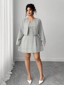 Elenzga Plus Size Women's Minimalist Short Cardigan And Minimalist Knit Dress Two Pieces Set, Elegant Luxurious Vacation Business Casual - Grey - View 3