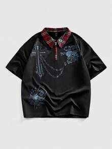 ROMWE MEN Street Life Men's Casual Polo Patchwork T-Shirt - Black - View 10