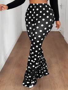 Maweii 大码女式波点印花弹力腰休闲喇叭裤 - 黑與白 - 查看 3