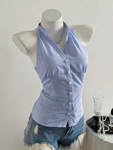 SHEIN PETITE 女士休闲修身条纹无袖衬衫，小立领 - 彩色 - 查看 1