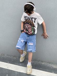 SHEIN 青少年男孩时尚休闲复古酷炫街头镂空破洞磨边宽松舒适清爽蓝色前开衩牛仔短裤，适合日常穿着以及春夏锐舞节和街头潮流。 - 藍色 - 查看 5