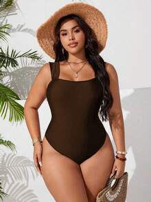 Swim Basics 大码纯色粗肩带露背连体泳衣 - 咖啡棕 - 查看 3