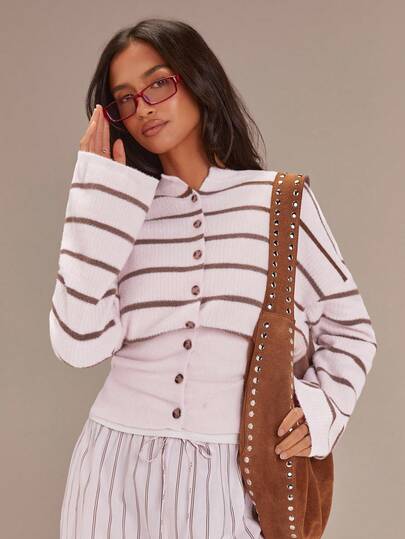 Athîral Women's Light Pink Striped Drop-Shoulder Long-Sleeved Button-Front Casual Cardigan, Comfortable And Soft Knit,Elegant,Valentine's Day,Casual,Home And Outdoor Wear