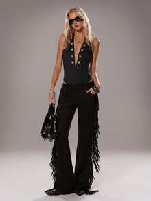 SHEIN TRNDY Women's Casual Flared Leg Faux Suede Fringe Side Pants, Autumn/Winter - Black - View 6