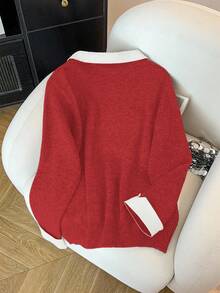 GlowEve CURVE Plus Size Women Shirt Collar Patchwork Casual Versatile Commuter Sweater, Autumn/Winter - Red - View 2