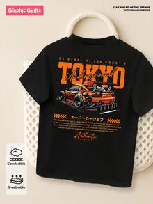 GraphicGems Tween Boy Tokyo Underground 赛车印花圆领短袖黑色街头 T 恤，夏季 - 黑色 - 查看 1