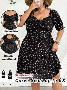 SHEIN CURVE+ Đầm ngắn tay cổ tim họa tiết hoa màu đen dành cho nữ cỡ lớn/2026/Năm mới - Nhiều màu - Xem 10