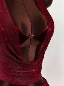 Amplova 女士时尚性感露背吊带上衣和侧边抽绳迷你裙两件套，夏季 - 酒紅色 - 查看 10