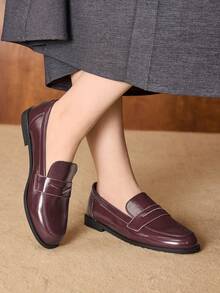 MOTF PREMIUM WOMEN PU LEATHER ROUND TOE LOAFERS SHOES VALENTINE'S DAY - Burgundy - View 9
