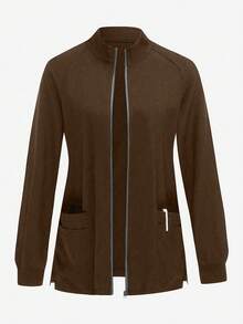 TaskEZ Plain Color Raglan Sleeve Zipper Front Pocket Scrub Uniform Jacket Brown Jacket Womens Jacket Scrub Jacket Fleece Jacket Women Cover Up Jacket - Coffee Brown - View 1