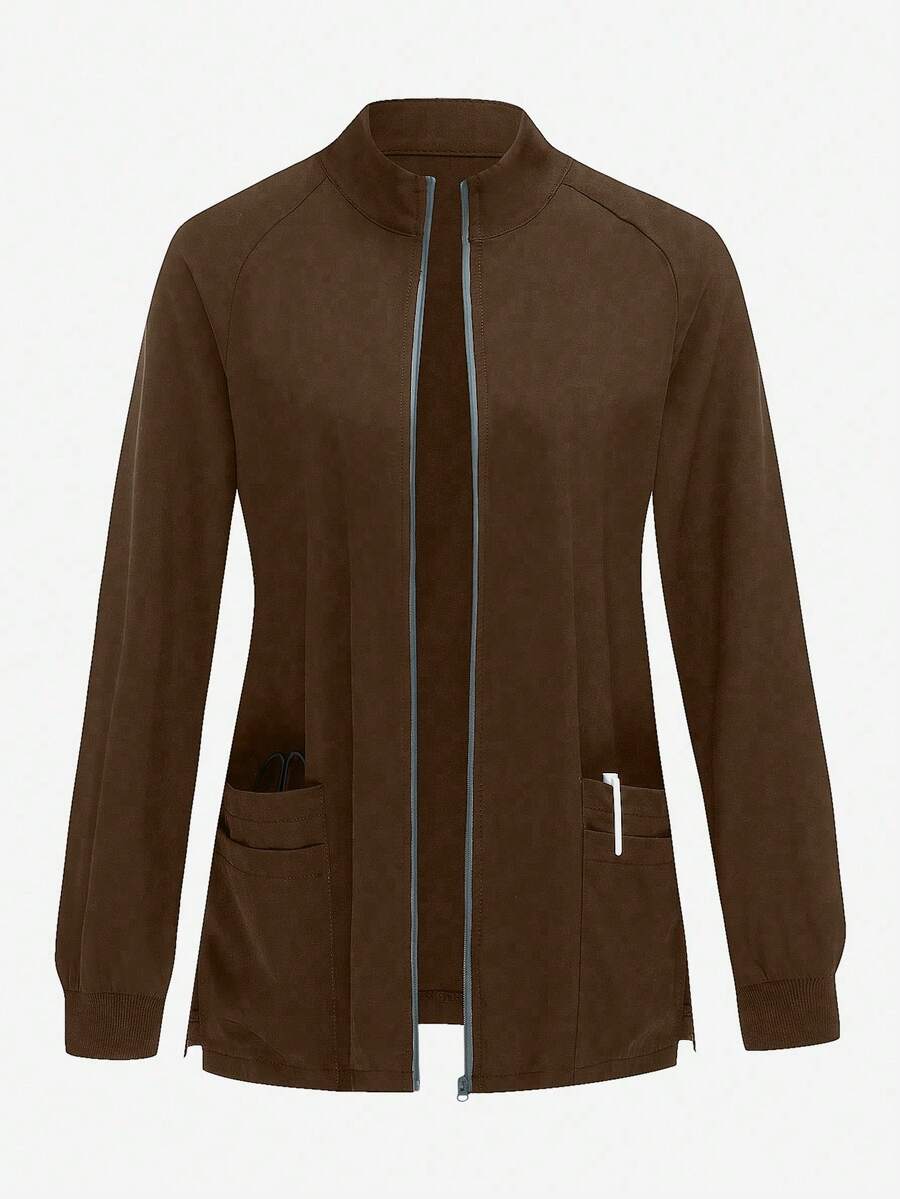 TaskEZ Plain Color Raglan Sleeve Zipper Front Pocket Scrub Uniform Jacket Brown Jacket Womens Jacket Scrub Jacket Fleece Jacket Women Cover Up Jacket - Coffee Brown - View 1