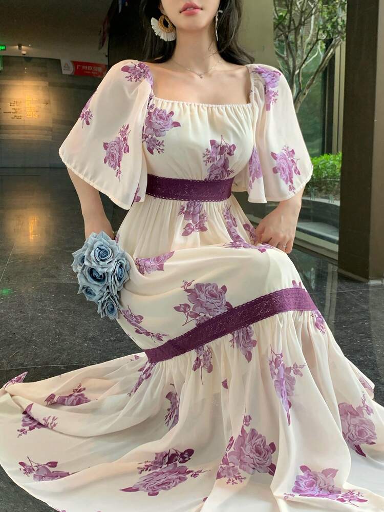 Women's Elegant Contrast Color Lace Floral Midi Dress, Summer Sundress Vacation Outfits Women Boho