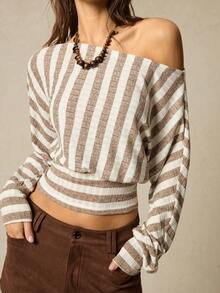SoleilVie Women's Casual Striped Off-Shoulder Long Sleeve Knit T-Shirt - Khaki - View 4