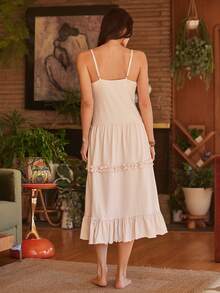 Lullawish Bohemian Ruffle Trim Contrast Color Slip Dress For Women - Khaki - View 2