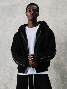 Áo hoodie nam SUMWON dáng ngắn màu đen, khóa kéo toàn thân, viền phản quang, dáng rộng, phong cách đường phố mùa đông, thời trang đô thị, áo khoác ngoài mùa thu, đơn giản. - màu đen - Xem 4