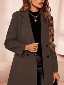 SHEIN Clasi 女士秋冬双排扣羊毛大衣 - 巧克力棕 - 查看 7