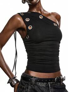 LYSMO Dam Y2K Rynkad Nyckelhålsdesign Ärmlös Figurnära Modern Crop Top - Svart - Visa 1