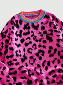 ROMWE MEN Men's Casual Loose Fit Leopard Print Crew Neck Long Sleeve Sweater, Autumn/Winter - Multicolor - View 4