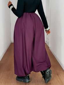 Maweii 大码女式纯色弹力腰褶皱阔腿宽松休闲裤 - 中紫紅色 - 查看 5